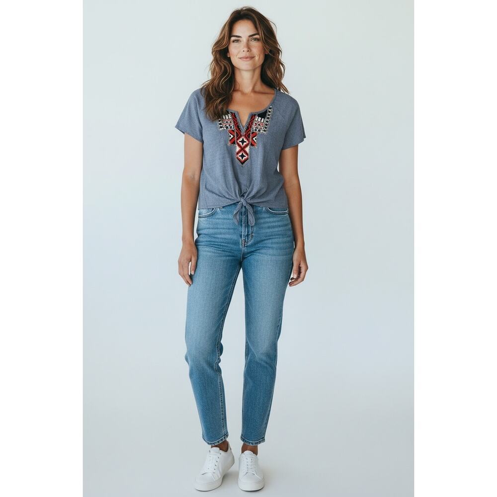 Lucky Brand Embroidered Tie Front Boho Top Gray Size Small - Picture 7 of 7